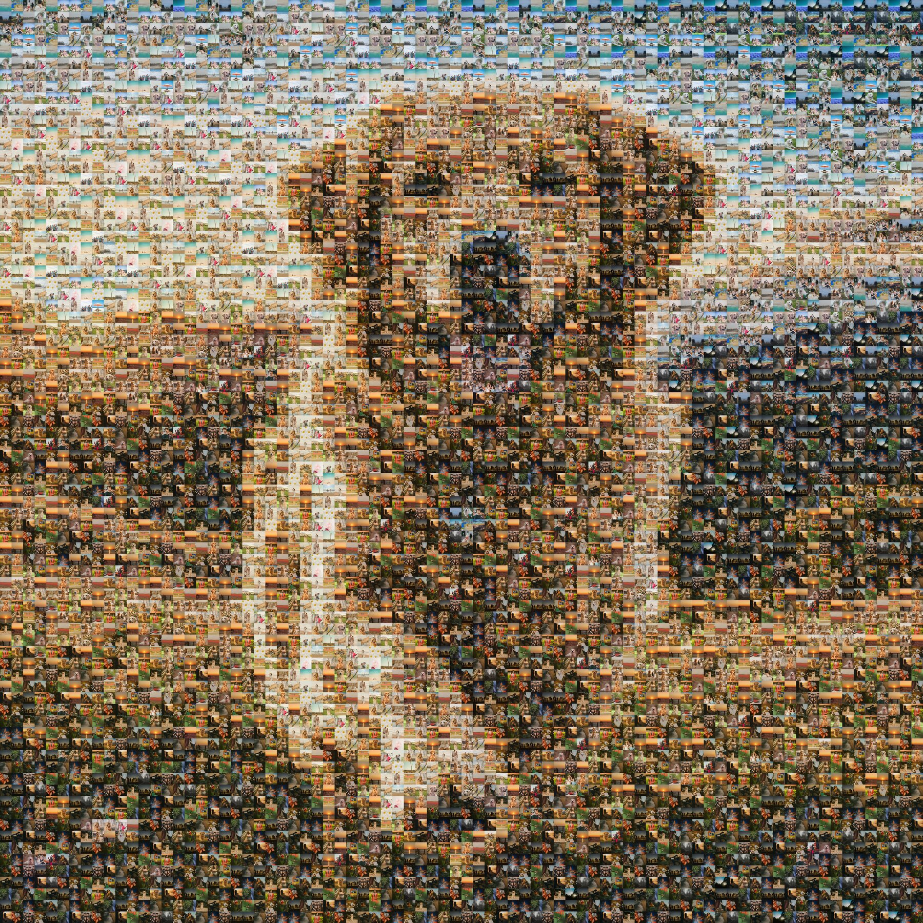 Photo mosaic of a golden retriever made from 85 family photos