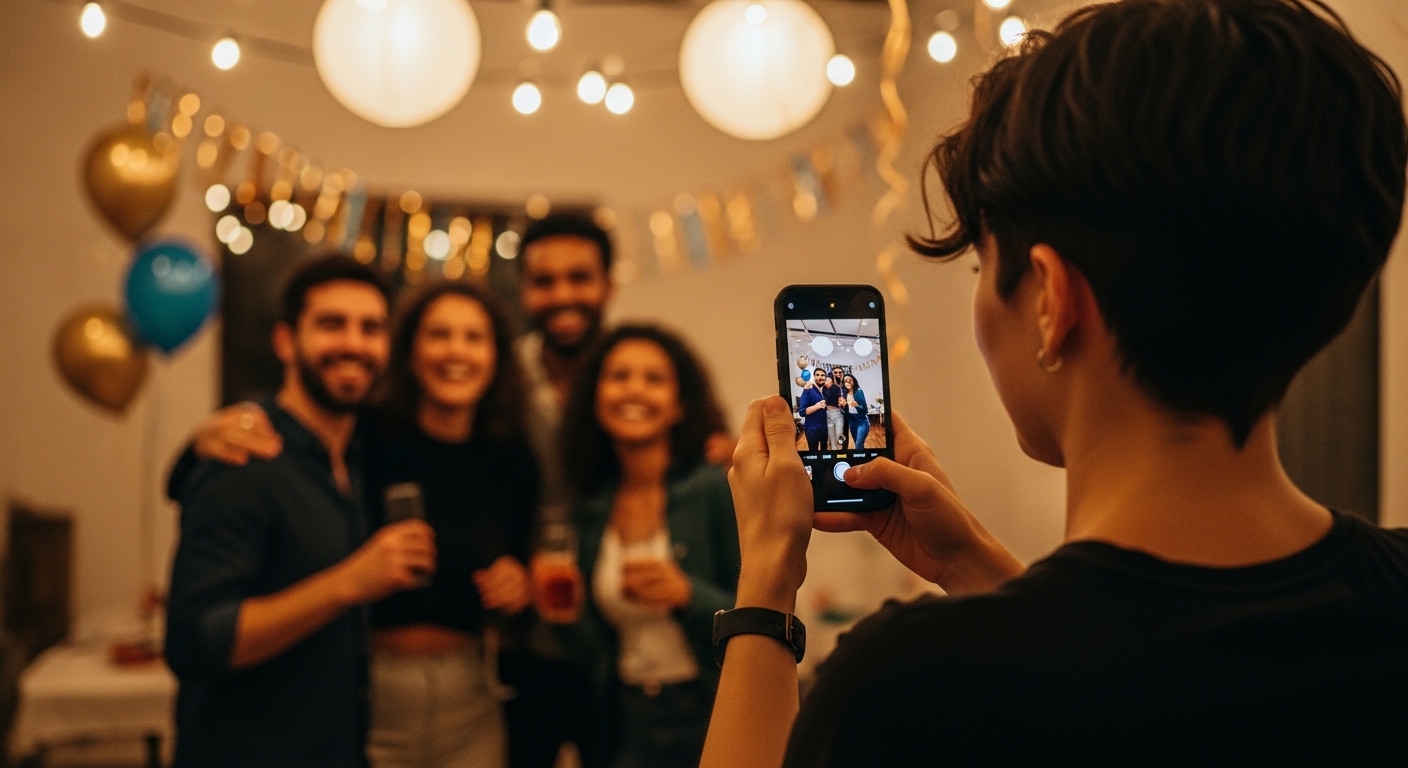 Family and friends sharing photos on their phones for a group photo collection