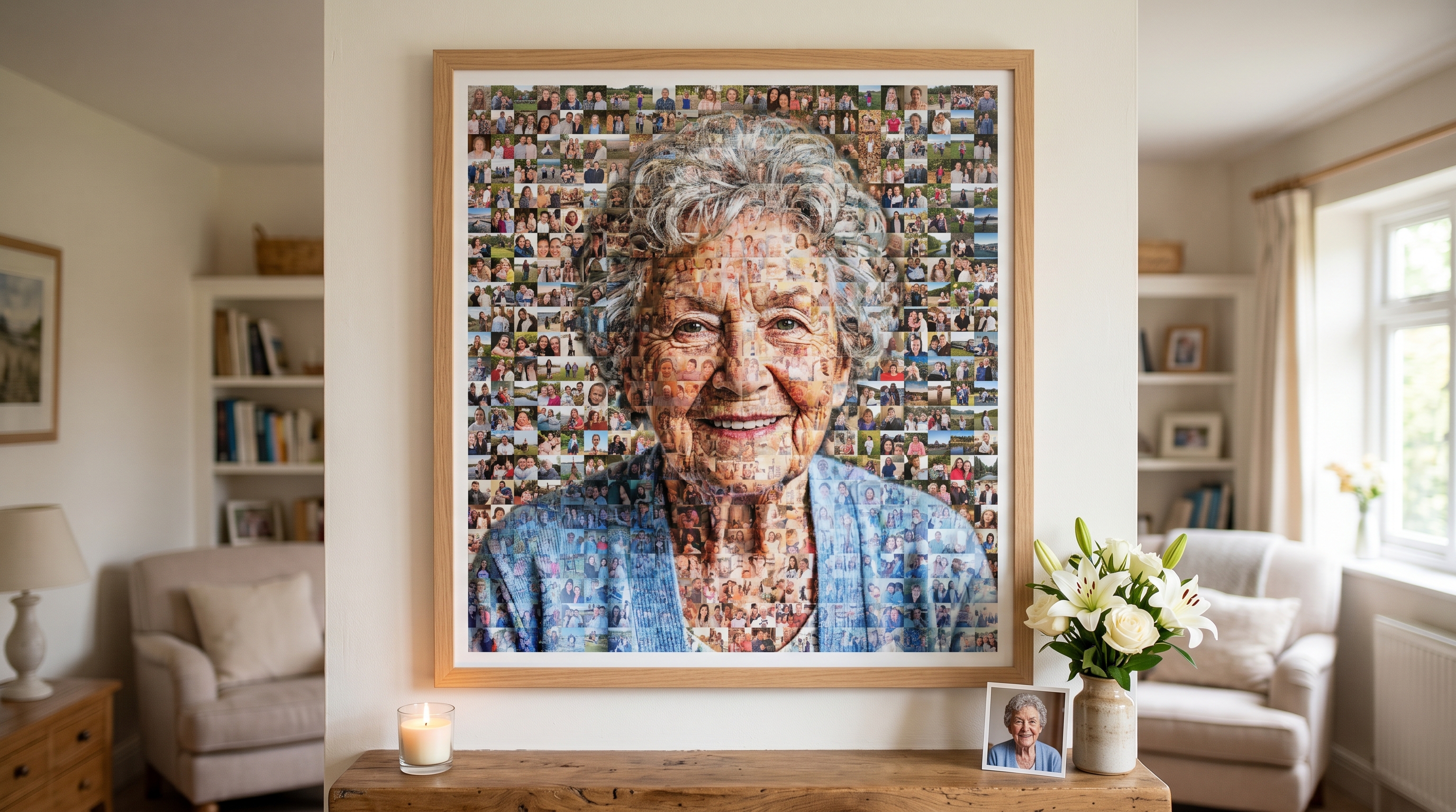 A memorial photo mosaic portrait honoring a loved one, made from family photos