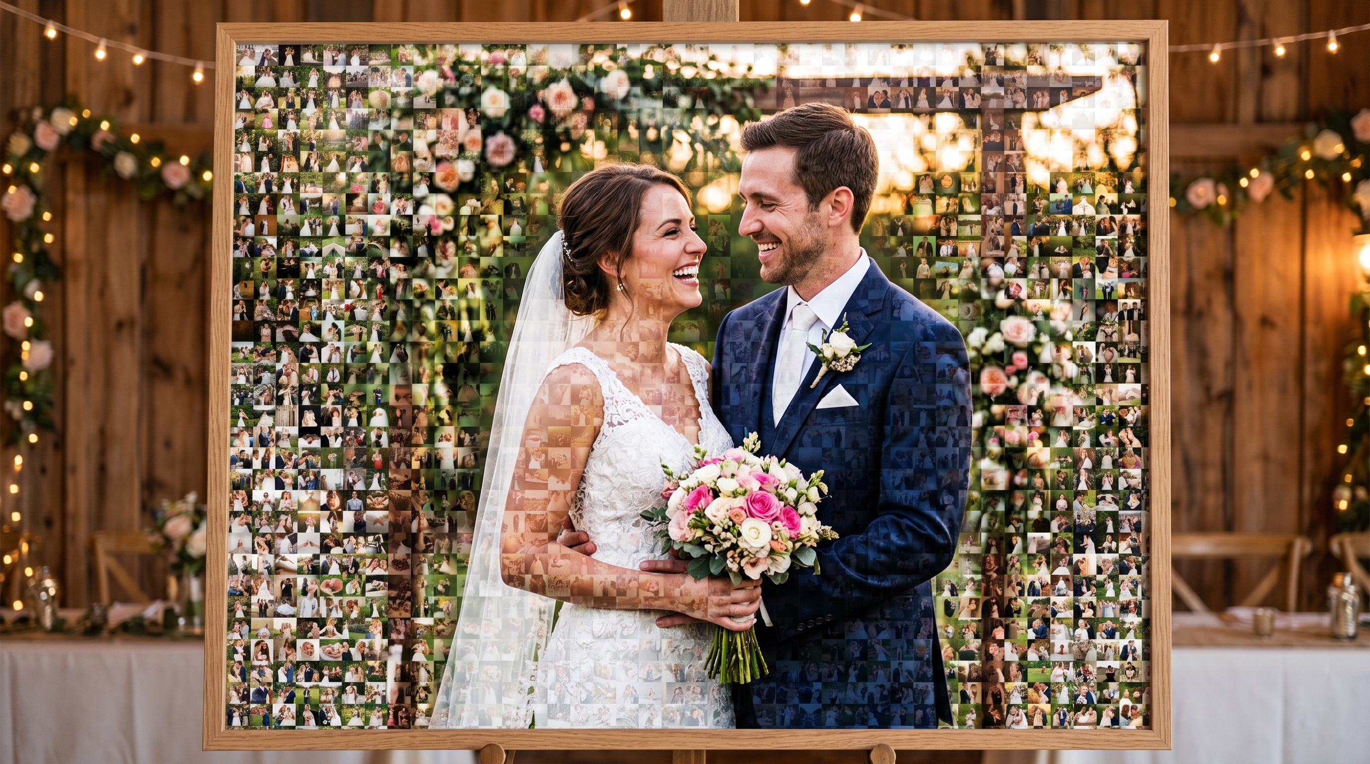 Beautiful wedding photo mosaic portrait made from guest photos
